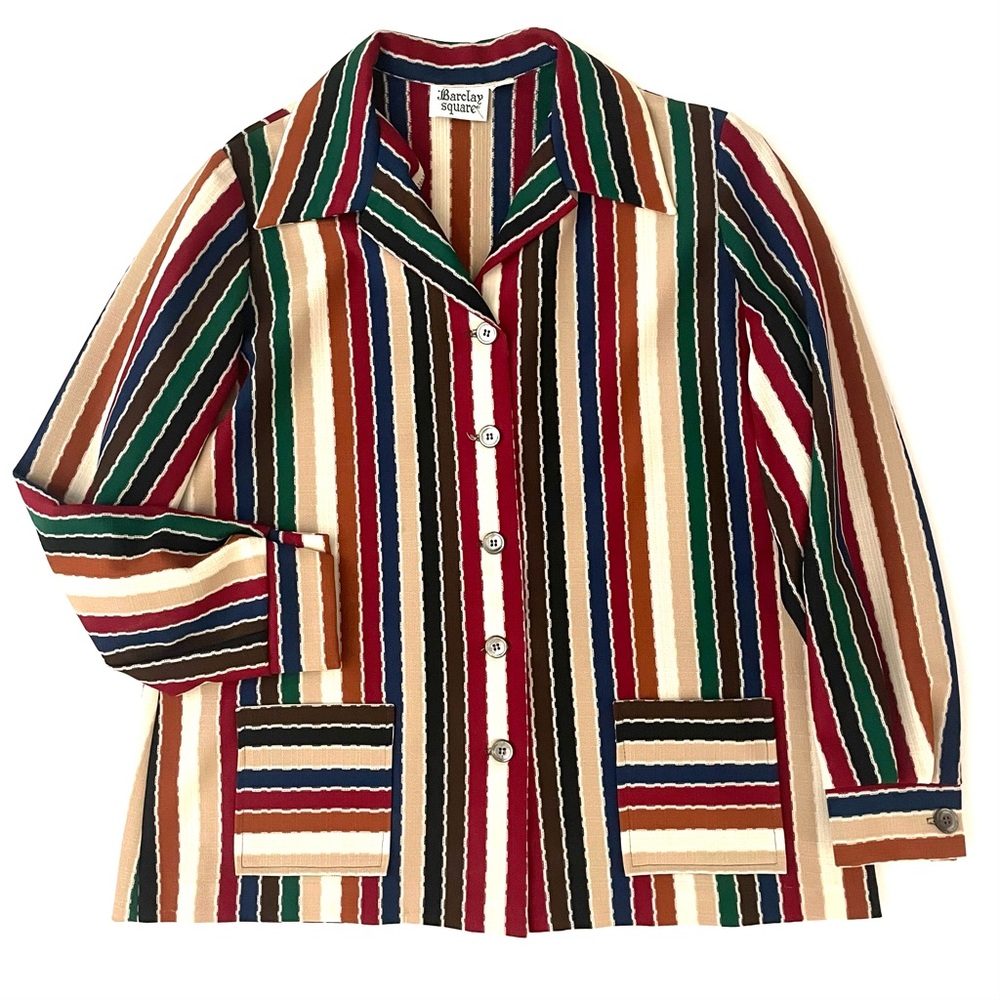 Retro Mod 70s Barclay Square Bold Textured Shirt Jacket, Rainbow Stripe, L/XL